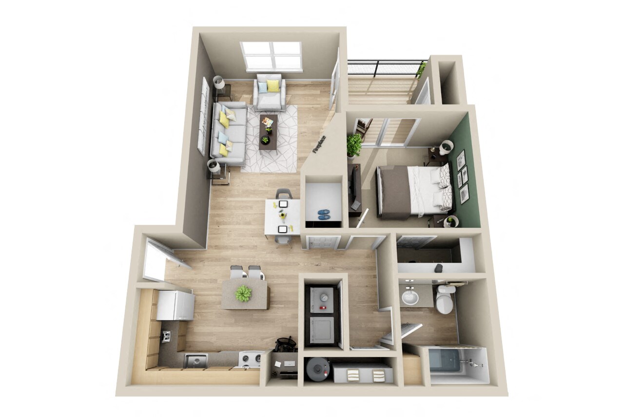 Floor plan for 1 bed, 1 bath, 746 sqft
